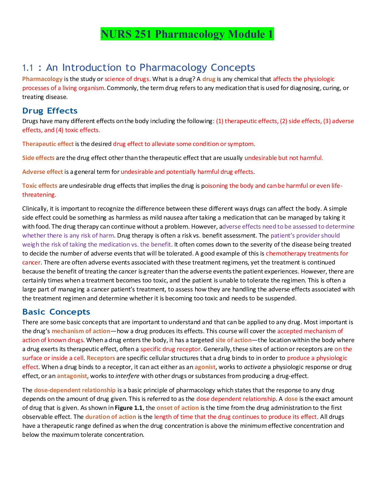 Preview of NURS 251 Pharmacology Module 1- Portage Learning
